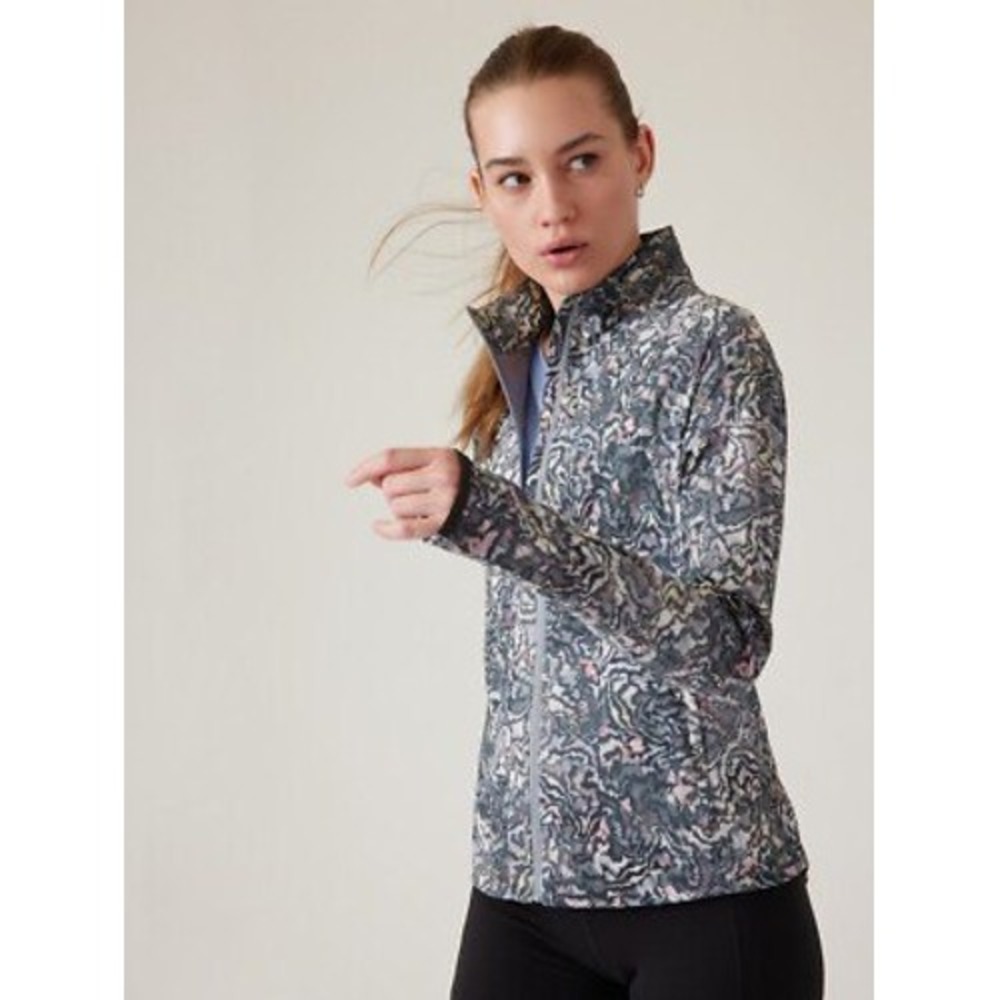 Athleta‎ Windbreaker Jacket Womens XL Grey Abstract Tiger Print Full Zip Active